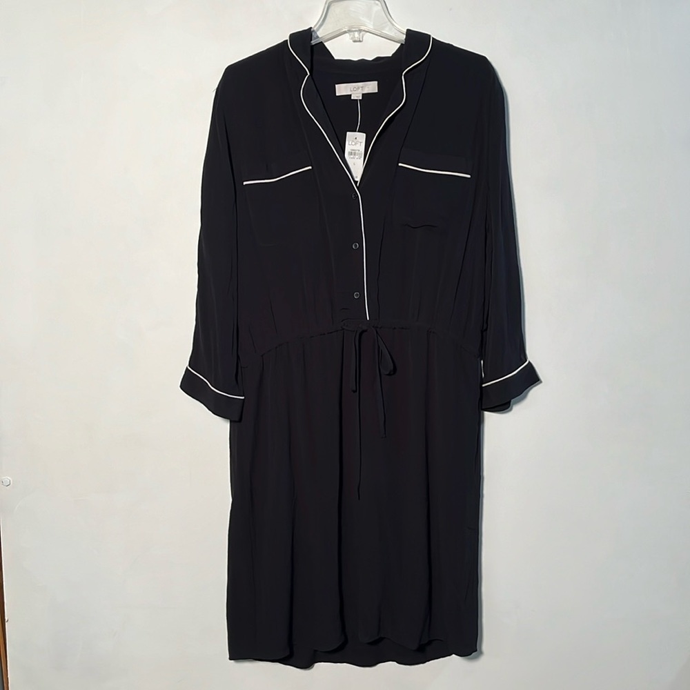 LOFT NWT CareerMinimalist  Elastic Tie Waist White Piping Black Shirtdress SZ L